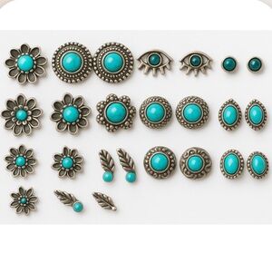 11 Pairs Turquoise and Silver Stud Earrings Set of Pairs!